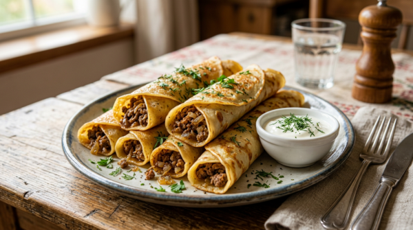 Блинчики с говядиной и луком