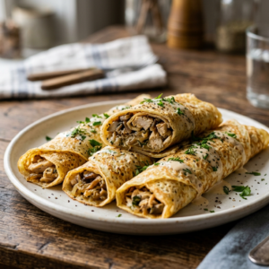 Блинчики с курицей, грибами и луком