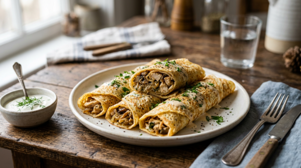 Блинчики с курицей, грибами и луком